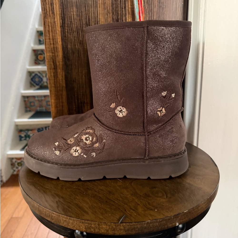 Skechers Brown Ankle Boots with Floral Design